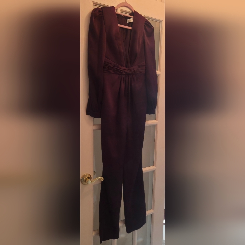 Mac Duggal Elegant Deep Purple/ Plum Plunge Neckline Satin Long Sleeve Jumpsuit - Picture 8 of 16